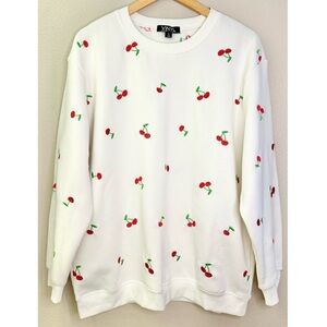 Vinyl Icons Cherry Embroidered White Crewneck Sweatshirt